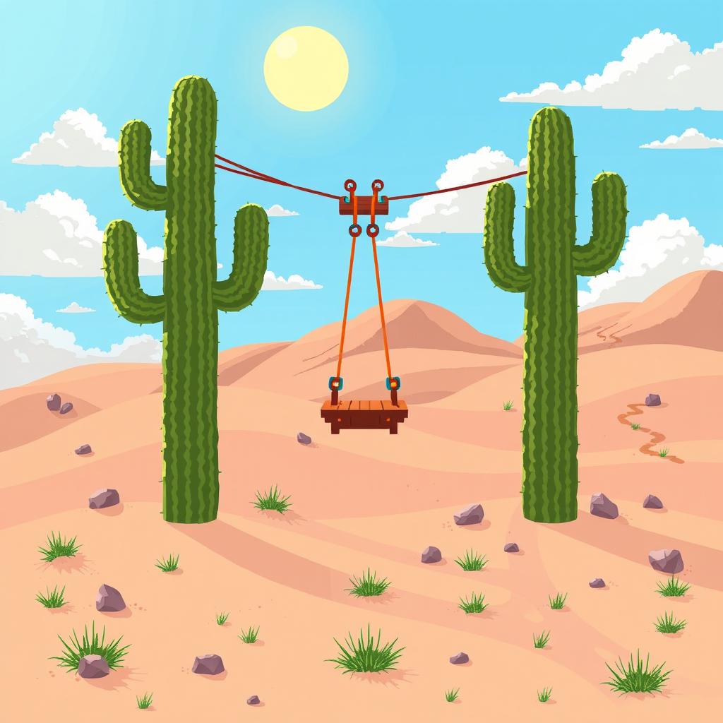 Pixel art illustration of a fun zip line set in a desert landscape