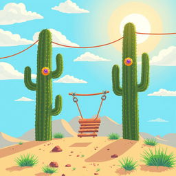 Pixel art illustration of a fun zip line set in a desert landscape