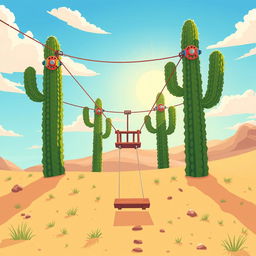 Pixel art illustration of a fun zip line set in a desert landscape