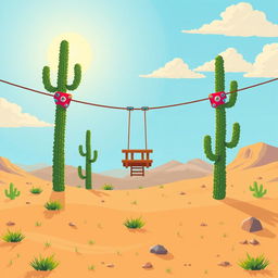 Pixel art illustration of a fun zip line set in a desert landscape