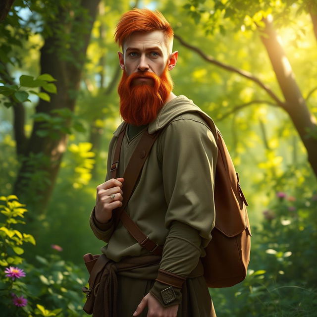 A full-length artistic representation of a male half-elf druid standing in a vibrant woodland setting