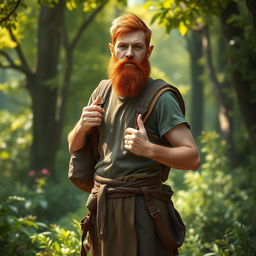 A full-length artistic representation of a male half-elf druid standing in a vibrant woodland setting