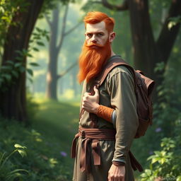 A full-length artistic representation of a male half-elf druid standing in a vibrant woodland setting