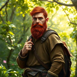 A full-length artistic representation of a male half-elf druid standing in a vibrant woodland setting