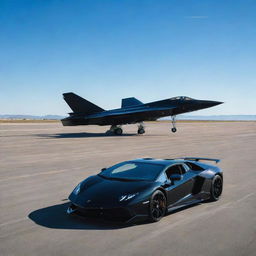 A polished, jet black Lamborghini and a stealthy black fighter jet, poised on a vast runway under a clear blue sky.