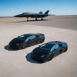 A polished, jet black Lamborghini and a stealthy black fighter jet, poised on a vast runway under a clear blue sky.