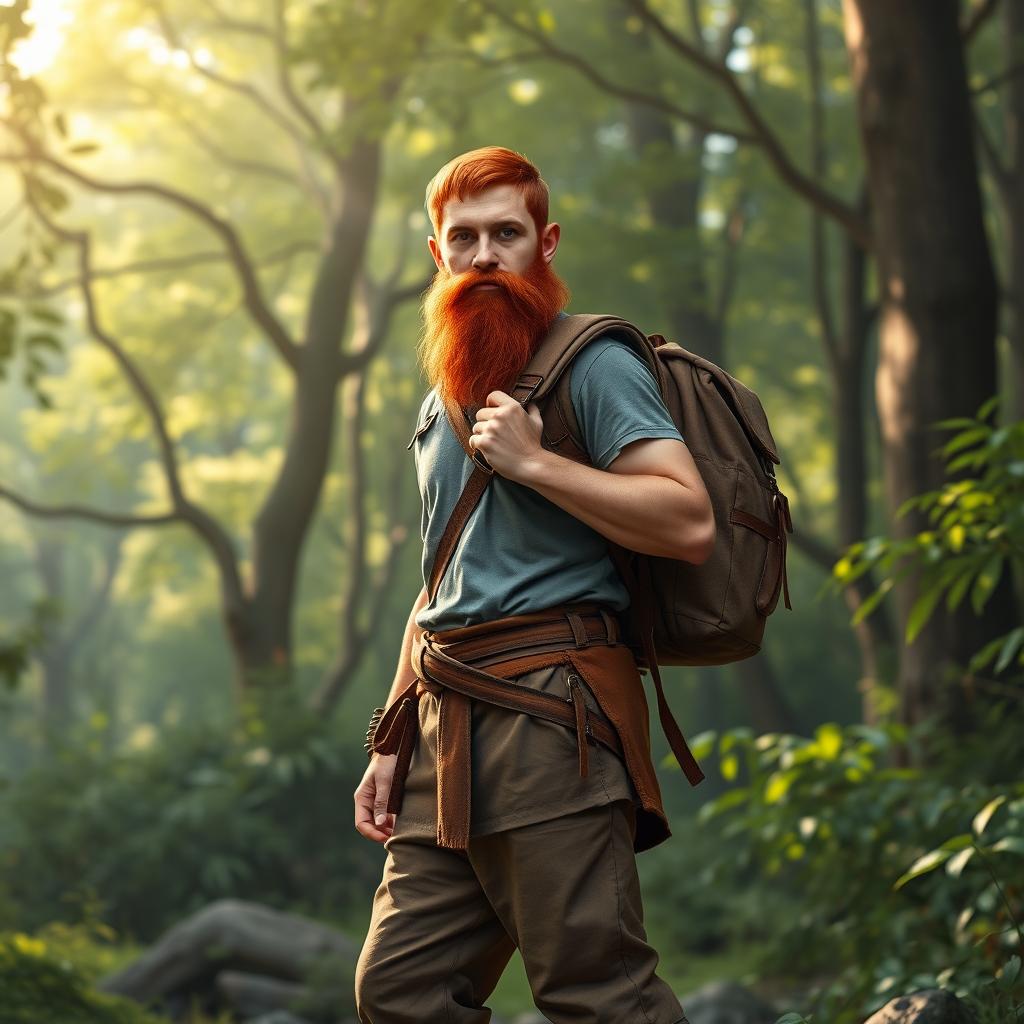 A full-length artistic representation of a male half-elf druid standing in a vibrant woodland area