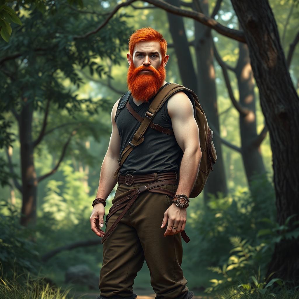 A full-length artistic representation of a male half-elf druid standing in a vibrant woodland area