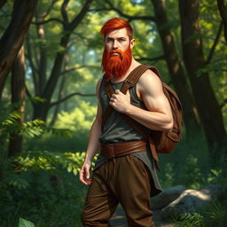 A full-length artistic representation of a male half-elf druid standing in a vibrant woodland area