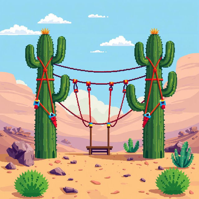 Pixel art illustration of a fun zip line viewed from a side profile perspective