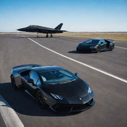 A polished, jet black Lamborghini and a stealthy black fighter jet, poised on a vast runway under a clear blue sky.