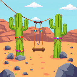 Pixel art illustration of a fun zip line viewed from a side profile perspective