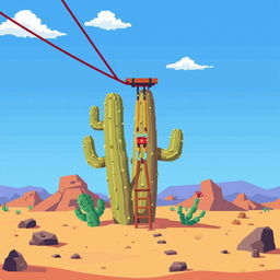 Pixel art illustration of a fun zip line viewed from a side profile perspective