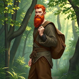 A full-length artistic depiction of a male half-elf druid standing in a lush forest