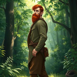 A full-length artistic depiction of a male half-elf druid standing in a lush forest