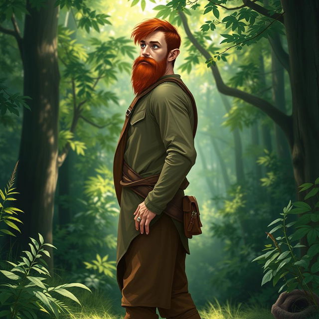 A full-length artistic depiction of a male half-elf druid standing in a lush forest
