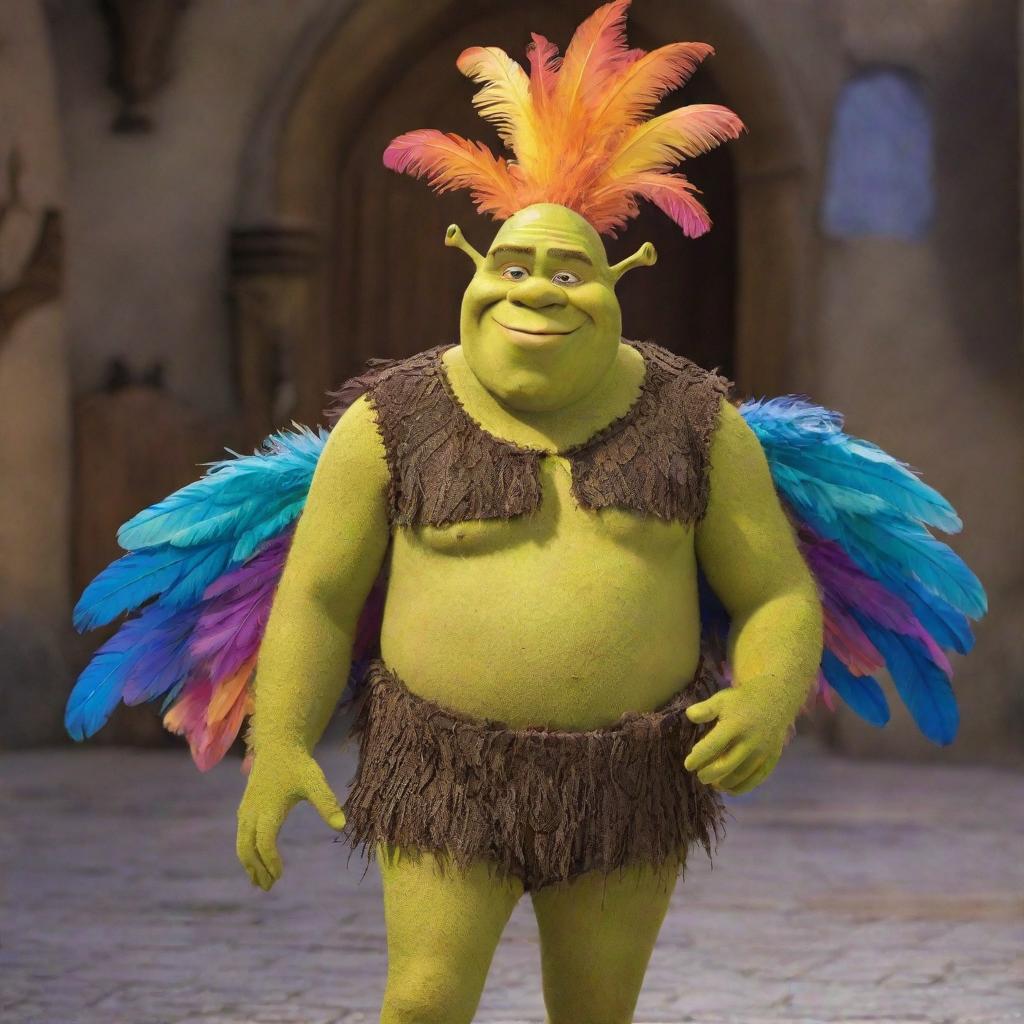 Shrek dressed in an extravagant feather-themed costume, adorned with colorful plumage that adds a whimsical touch to his robust figure.