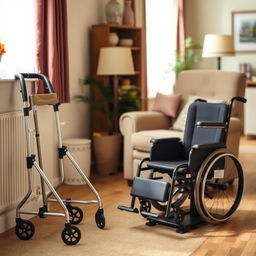 A well-designed living space for an elderly individual, showcasing various mobility aids to enhance comfort and independence