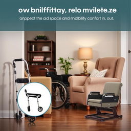 A well-designed living space for an elderly individual, showcasing various mobility aids to enhance comfort and independence