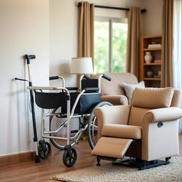 A well-designed living space for an elderly individual, showcasing various mobility aids to enhance comfort and independence