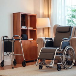 A well-designed living space for an elderly individual, showcasing various mobility aids to enhance comfort and independence