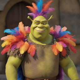 Shrek dressed in an extravagant feather-themed costume, adorned with colorful plumage that adds a whimsical touch to his robust figure.