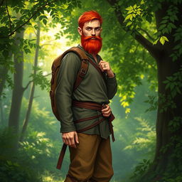 A full-length artistic depiction of a male half-elf druid standing in a lush forest