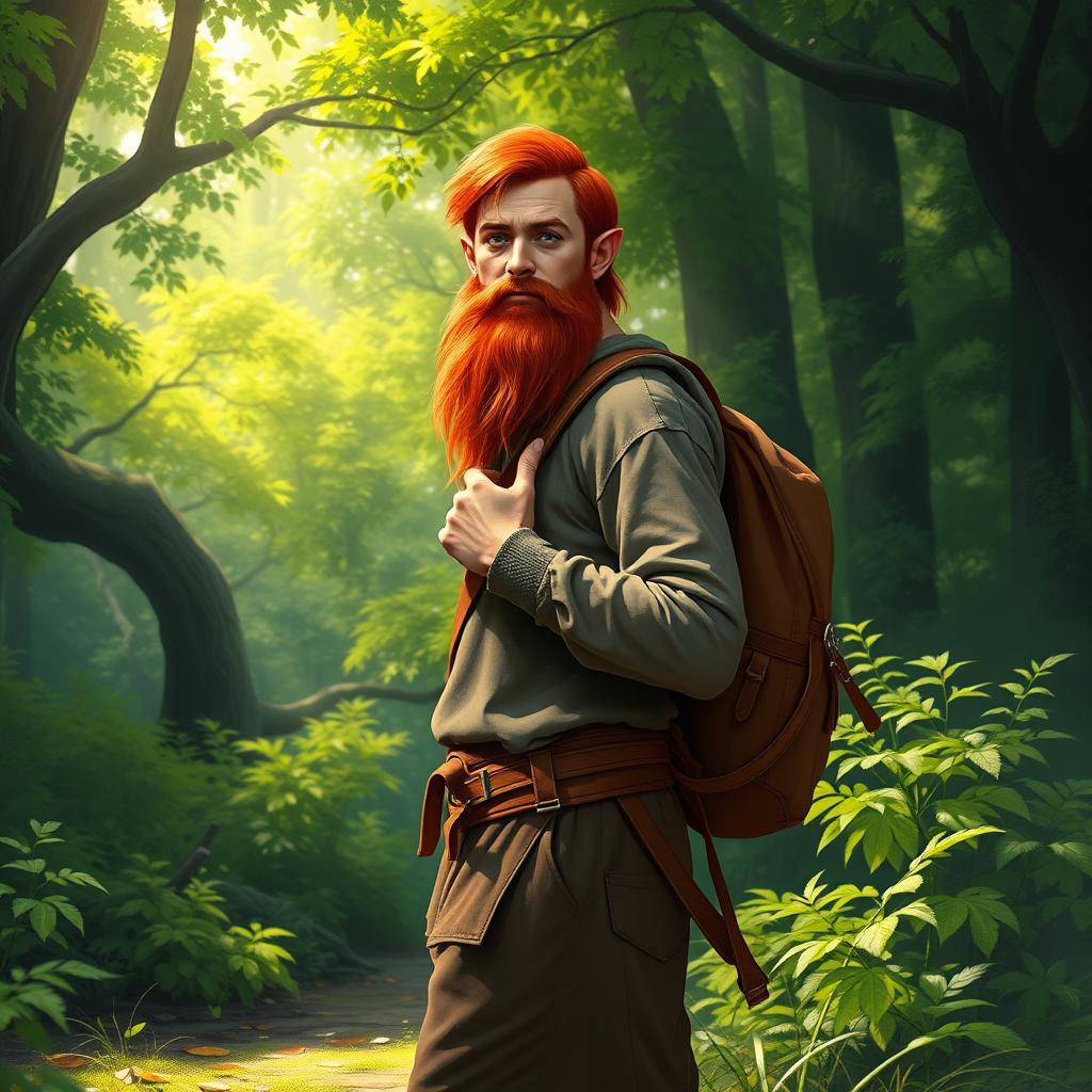 A full-length artistic depiction of a male half-elf druid standing in a lush forest