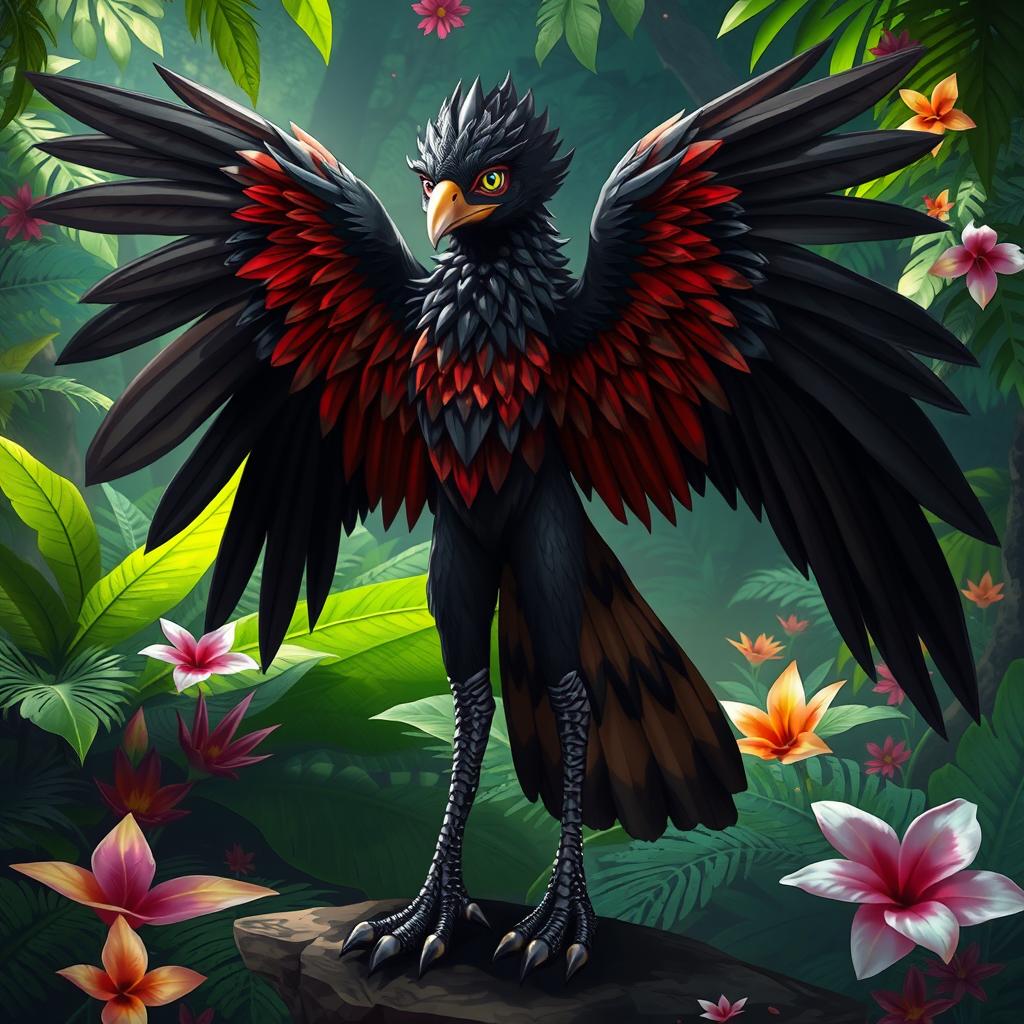 An aarakocra character inspired by the Brazilian harpy, featuring vibrant plumage with shades of black, detailed feather textures, and a regal presence