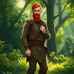 A full-length artistic depiction of a male half-elf druid standing in a lush forest