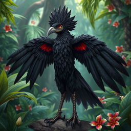 An aarakocra character inspired by the Brazilian harpy, featuring vibrant plumage with shades of black, detailed feather textures, and a regal presence