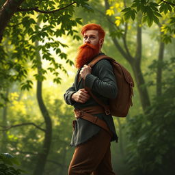 A full-length artistic depiction of a male half-elf druid standing in a lush forest