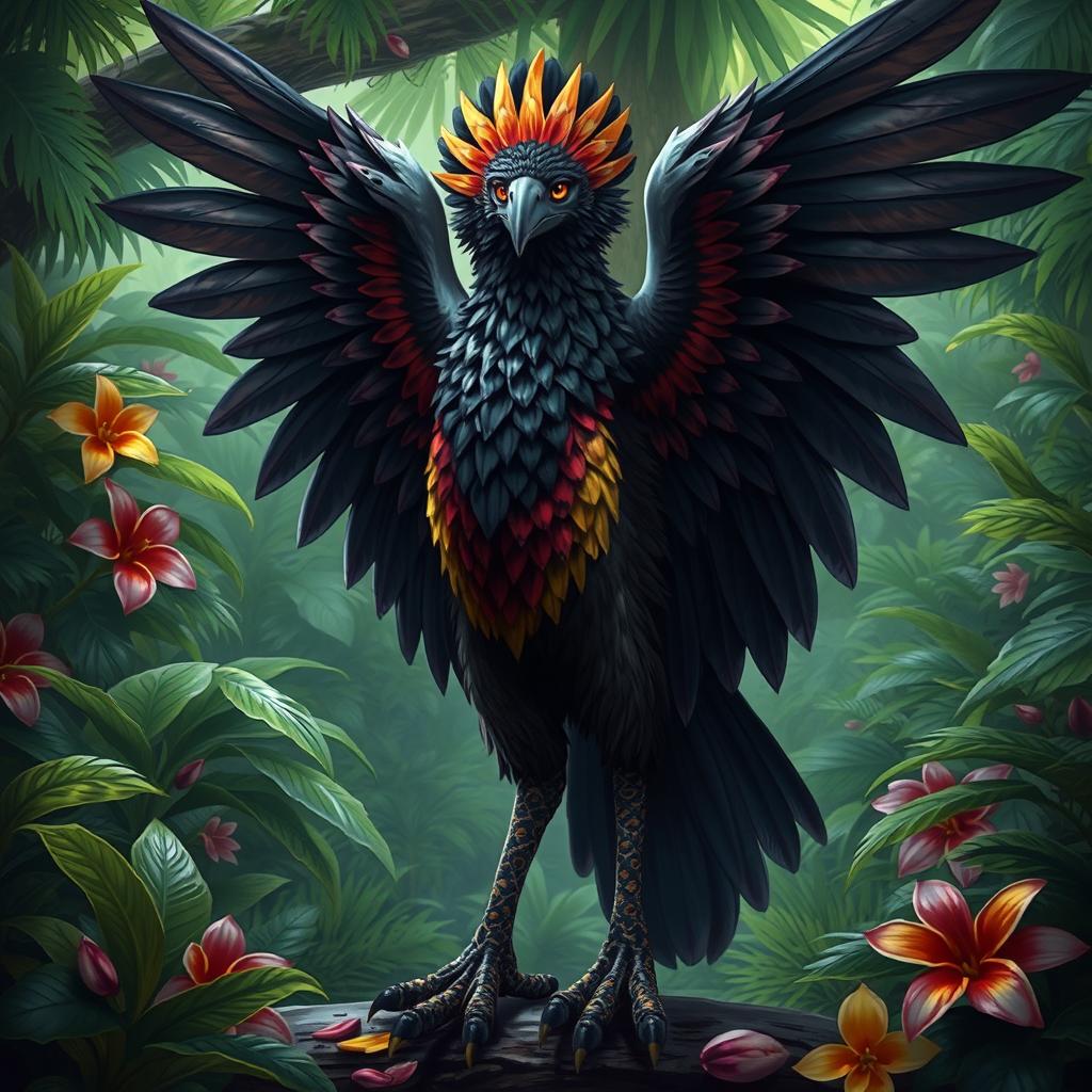 An aarakocra character inspired by the Brazilian harpy, featuring vibrant plumage with shades of black, detailed feather textures, and a regal presence