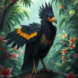 An aarakocra character inspired by the Brazilian harpy, featuring vibrant plumage with shades of black, detailed feather textures, and a regal presence