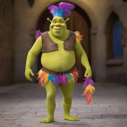 Shrek dressed in an extravagant feather-themed costume, adorned with colorful plumage that adds a whimsical touch to his robust figure.