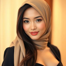 A portrait of an Asian woman wearing a stylish hijab, showcasing her beautiful features with captivating elegance