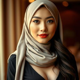 A portrait of an Asian woman wearing a stylish hijab, showcasing her beautiful features with captivating elegance