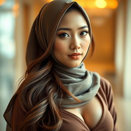 A portrait of an Asian woman wearing a stylish hijab, showcasing her beautiful features with captivating elegance