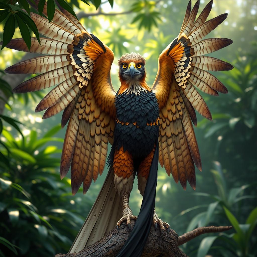 An aarakocra inspired by the Brazilian harpy eagle, featuring majestic feathered wings and intricate feather patterns that echo the rich colors of the harpy eagle, such as deep browns, creams, and hints of gold