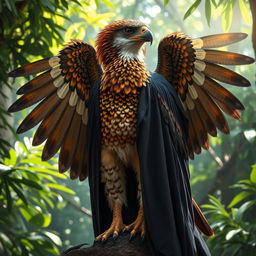 An aarakocra inspired by the Brazilian harpy eagle, featuring majestic feathered wings and intricate feather patterns that echo the rich colors of the harpy eagle, such as deep browns, creams, and hints of gold