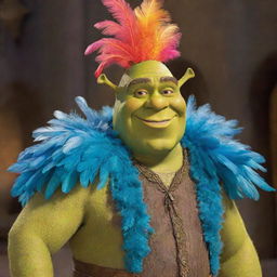 Shrek dressed in an extravagant feather-themed costume, adorned with colorful plumage that adds a whimsical touch to his robust figure.