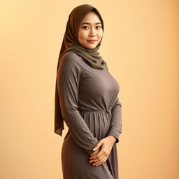 A full body portrait of an Asian woman wearing a beautifully styled hijab that elegantly frames her face