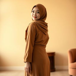 A full body portrait of an Asian woman wearing a beautifully styled hijab that elegantly frames her face