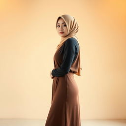 A full body portrait of an Asian woman wearing a beautifully styled hijab that elegantly frames her face