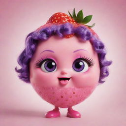 Illustrate an irresistibly cute strawberry character, endowed with big sparkling pink eyes, voluptuous pink lips, a tuft of whimsical purple hair, and a playful pink tongue.