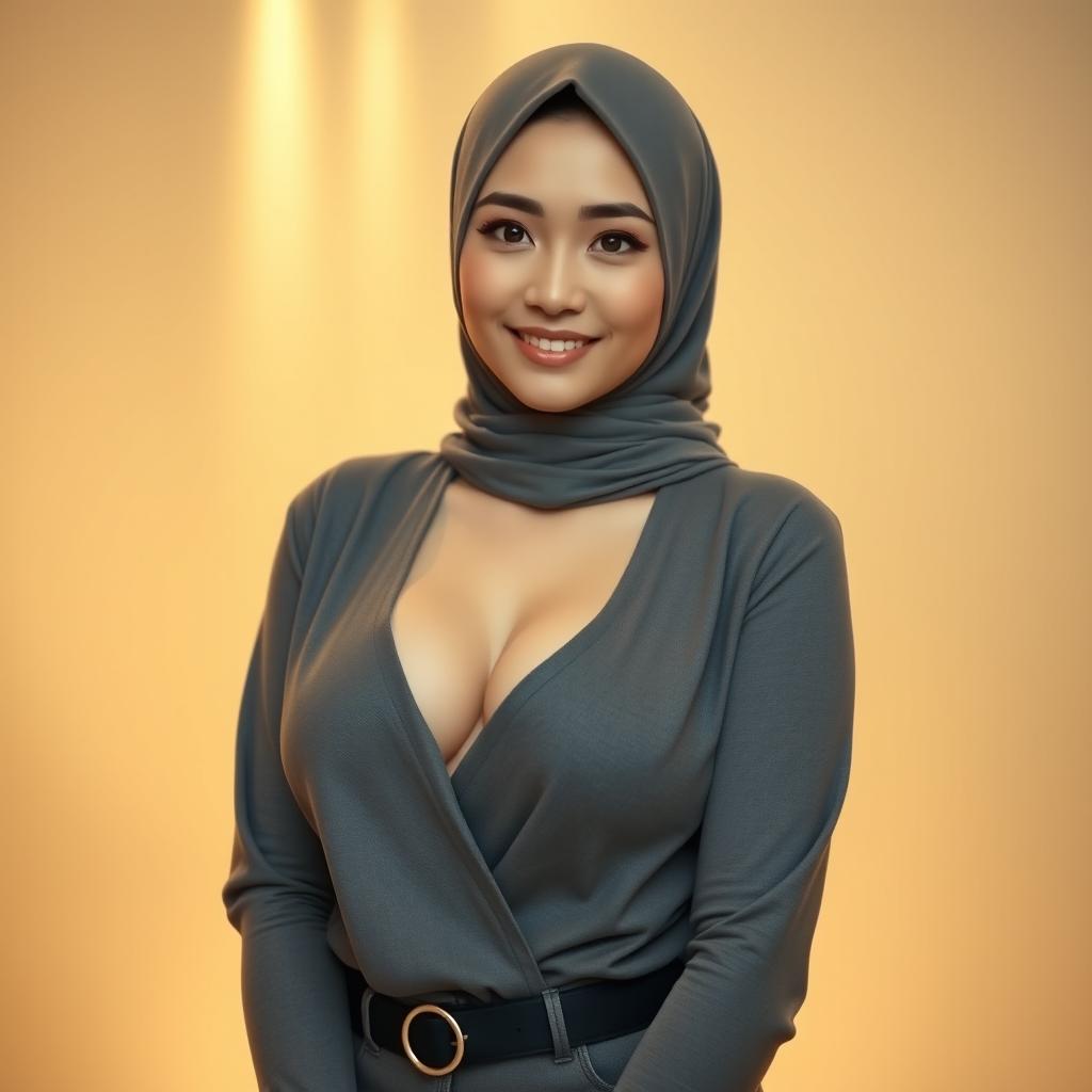 A portrait of an Asian woman wearing a fashionable hijab, radiating confidence and beauty