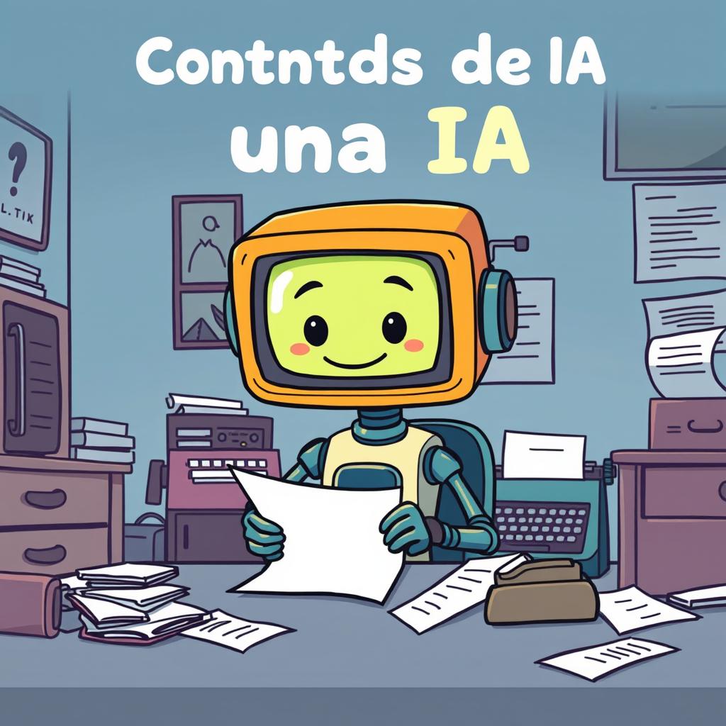 A retro cartoon-style humanoid with a screen head, sitting in an office room, focused on writing on a piece of paper