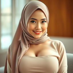 A portrait of an Asian woman wearing a fashionable hijab, radiating confidence and beauty