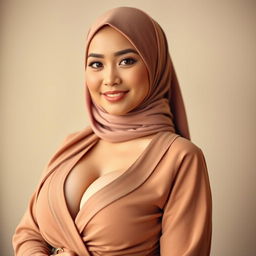 A portrait of an Asian woman wearing a fashionable hijab, radiating confidence and beauty