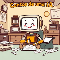 A retro cartoon-style humanoid with a screen head, sitting in an office room, focused on writing on a piece of paper